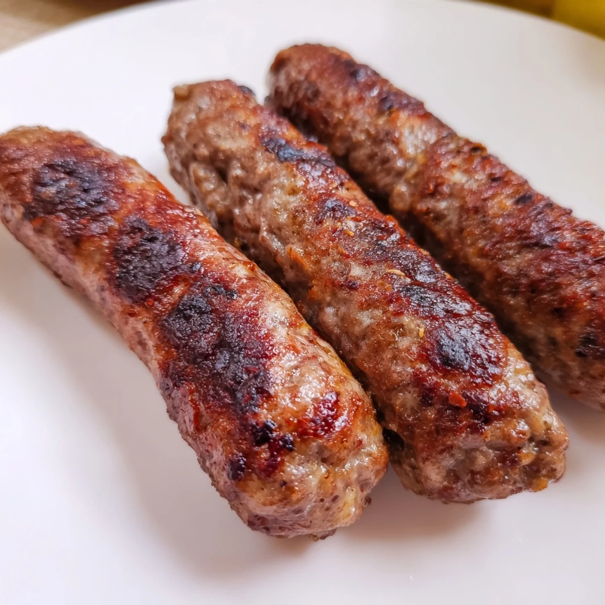 Smoky, sizzling Romanian mici sausages fresh off the grill, ready to be enjoyed with mustard.