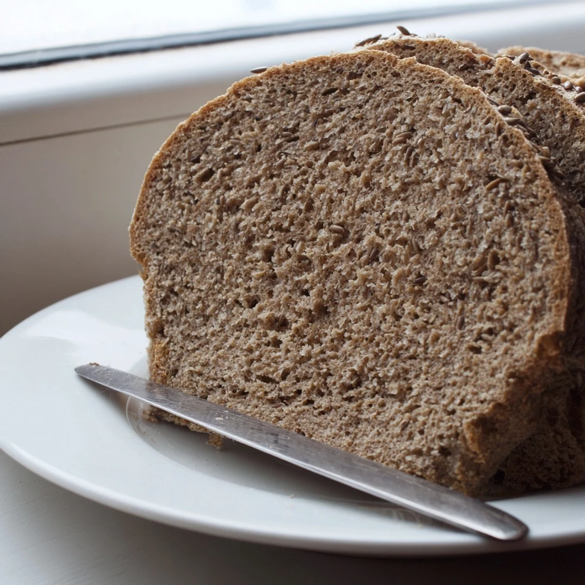 Crusty Latvian Rupjmaize bread, studded with caraway seeds, pictured ready to slice and serve with butter.
