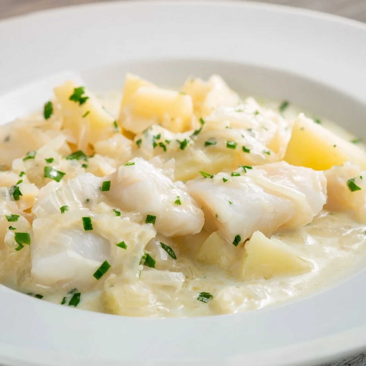 Freshly made Icelandic fish stew, garnished with herbs, ready to be served on a cold evening.