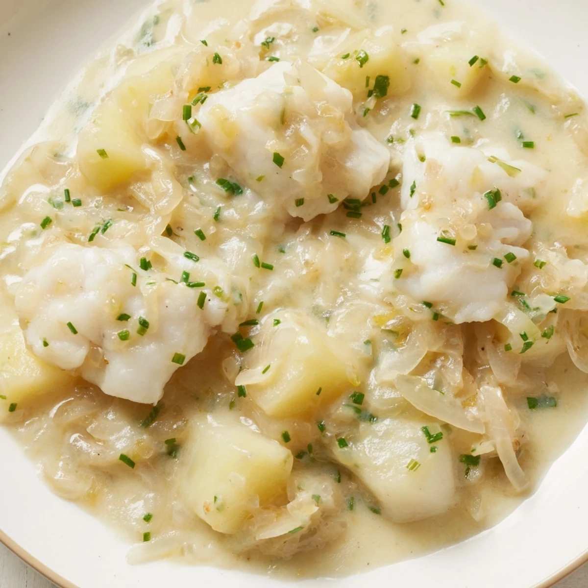 Close-up of flaky white fish in creamy Icelandic fish stew, a comforting, homemade seafood dish.
