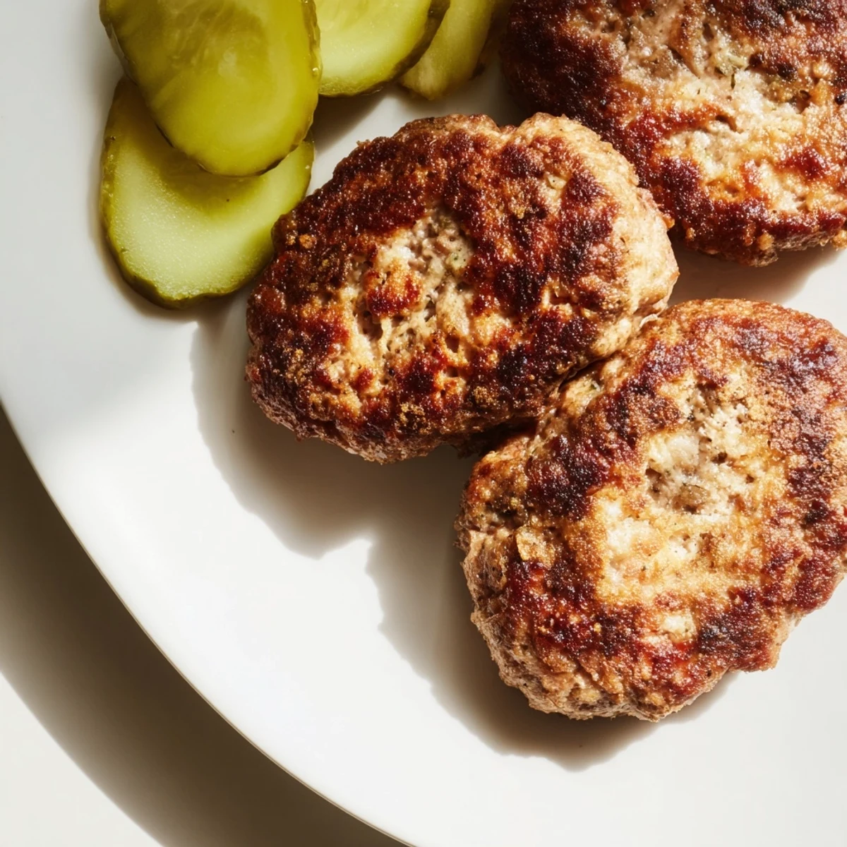 Golden-brown Danish frikadeller, perfectly pan-fried for a delicious main course with tangy pickles.