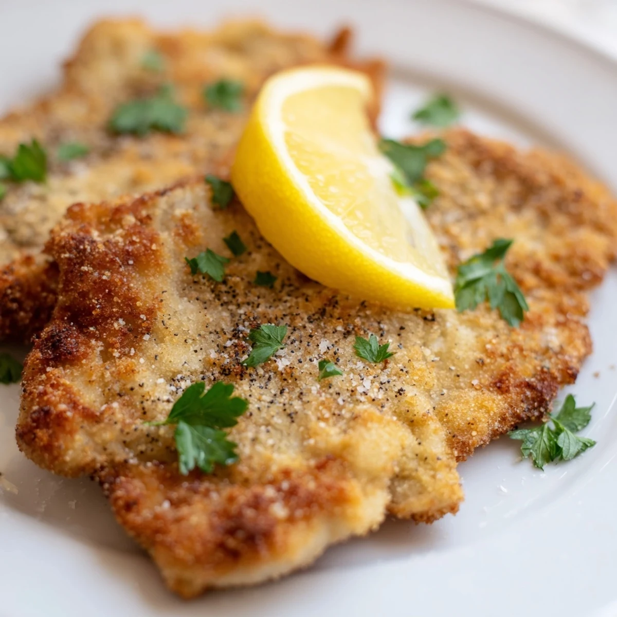 Golden-brown German schnitzel cutlet, crispy fried and ready to be drizzled with lemon juice.