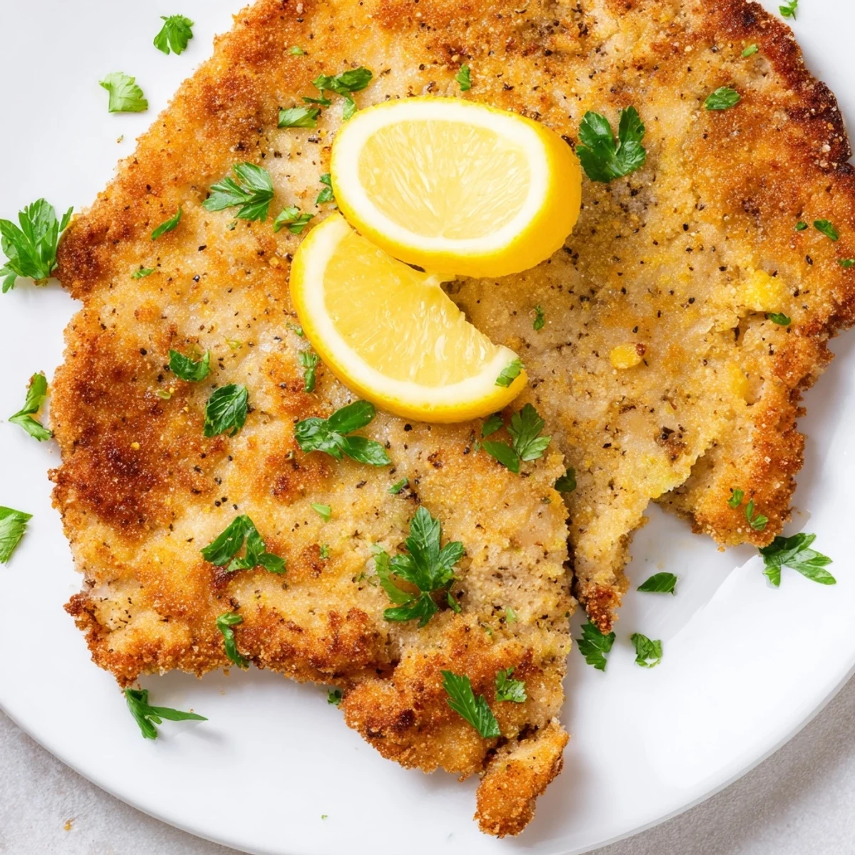 Freshly made German schnitzel cutlet, served with lemon wedges and ready for a delicious meal.