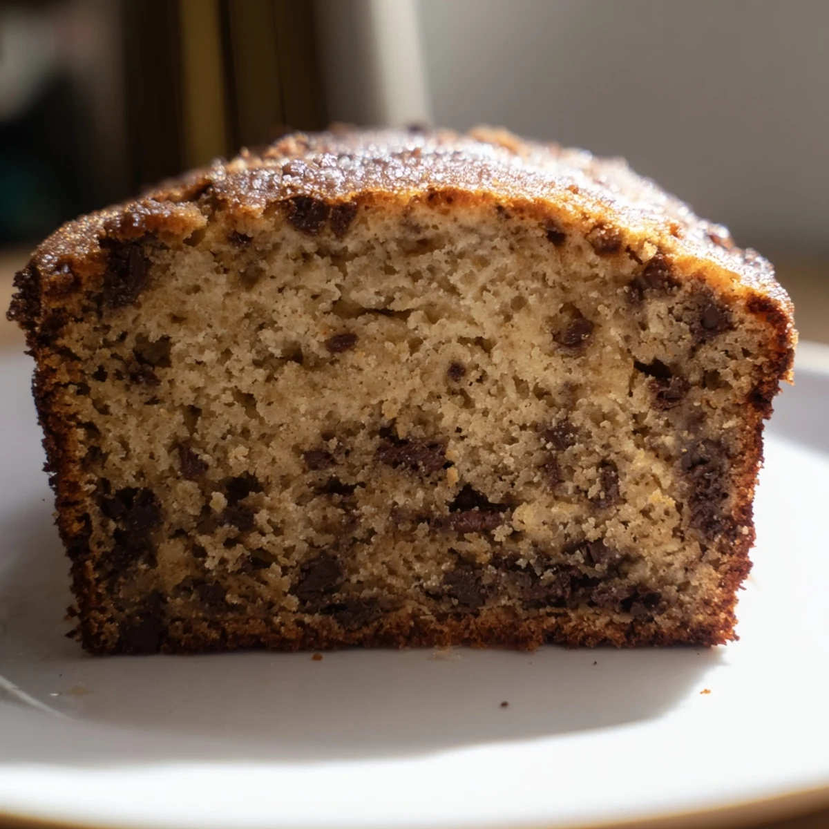 Fluffy slices of golden Banana Bread, studded with chocolate chips, ready to enjoy.