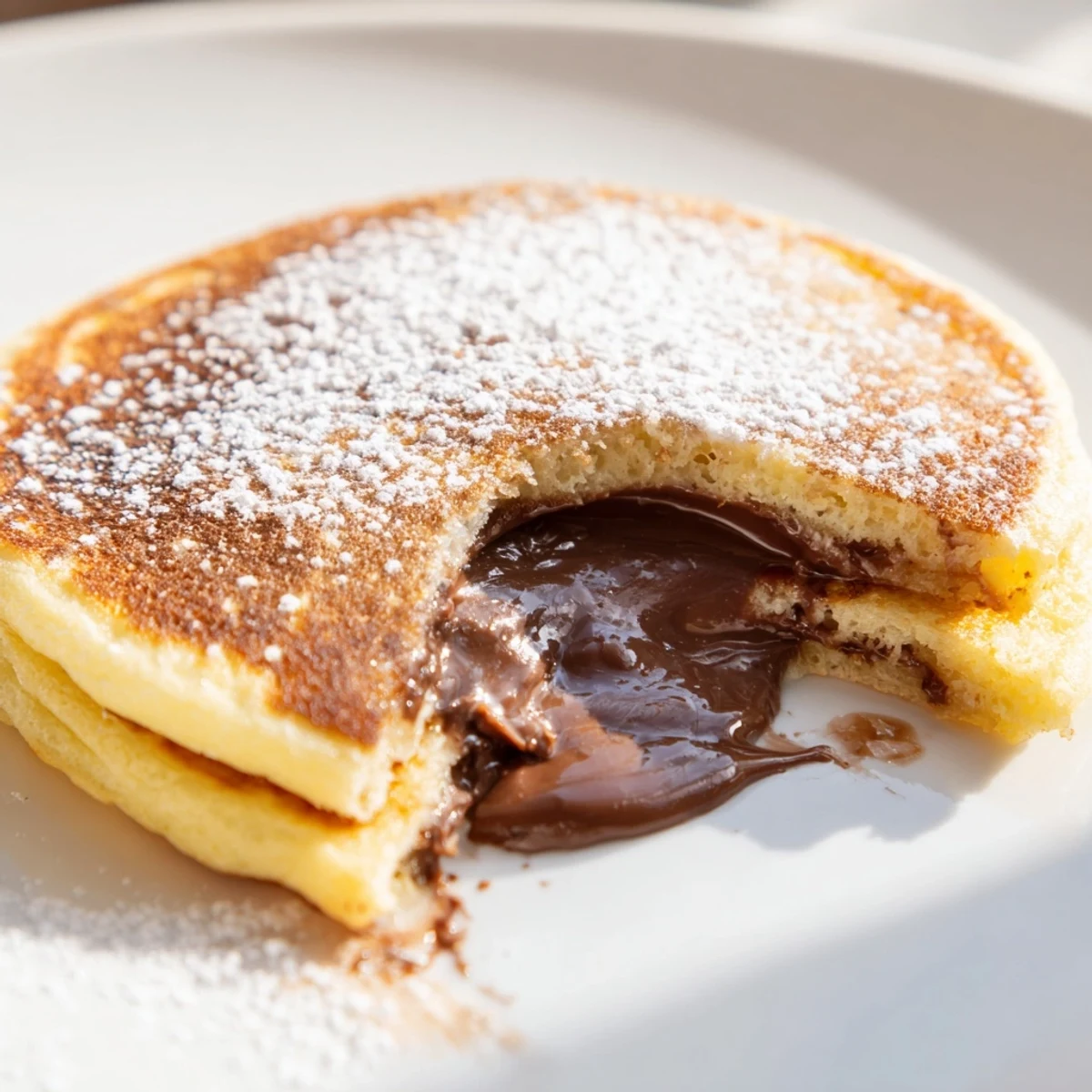Golden-brown Nutella stuffed pancakes, oozing warm, chocolatey hazelnut filling, ready to eat.