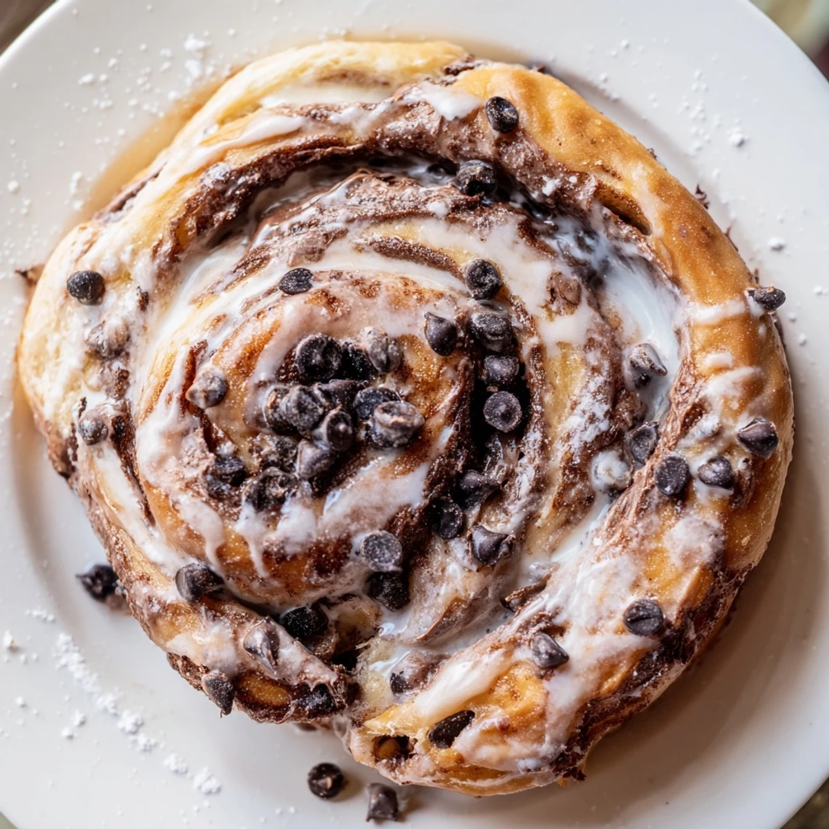Warm, golden-brown Nutella Chocolate Chip Rolls, glazed and ready to eat, a perfect sweet treat.