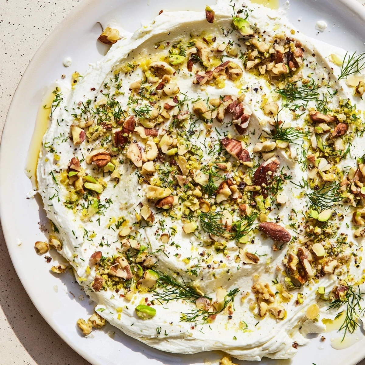 Creamy flavored butter board charcuterie with honey drizzle, fresh herbs, and toasted nuts, ready to serve.