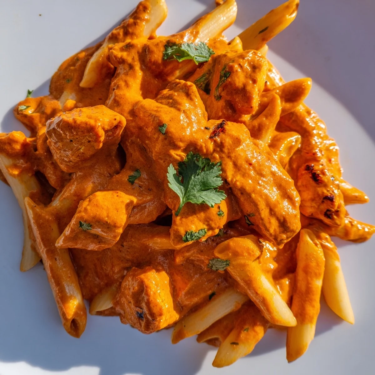 Creamy Chicken Tikka Pasta with tender spiced chicken and penne in a rich tomato sauce, garnished with fresh cilantro.