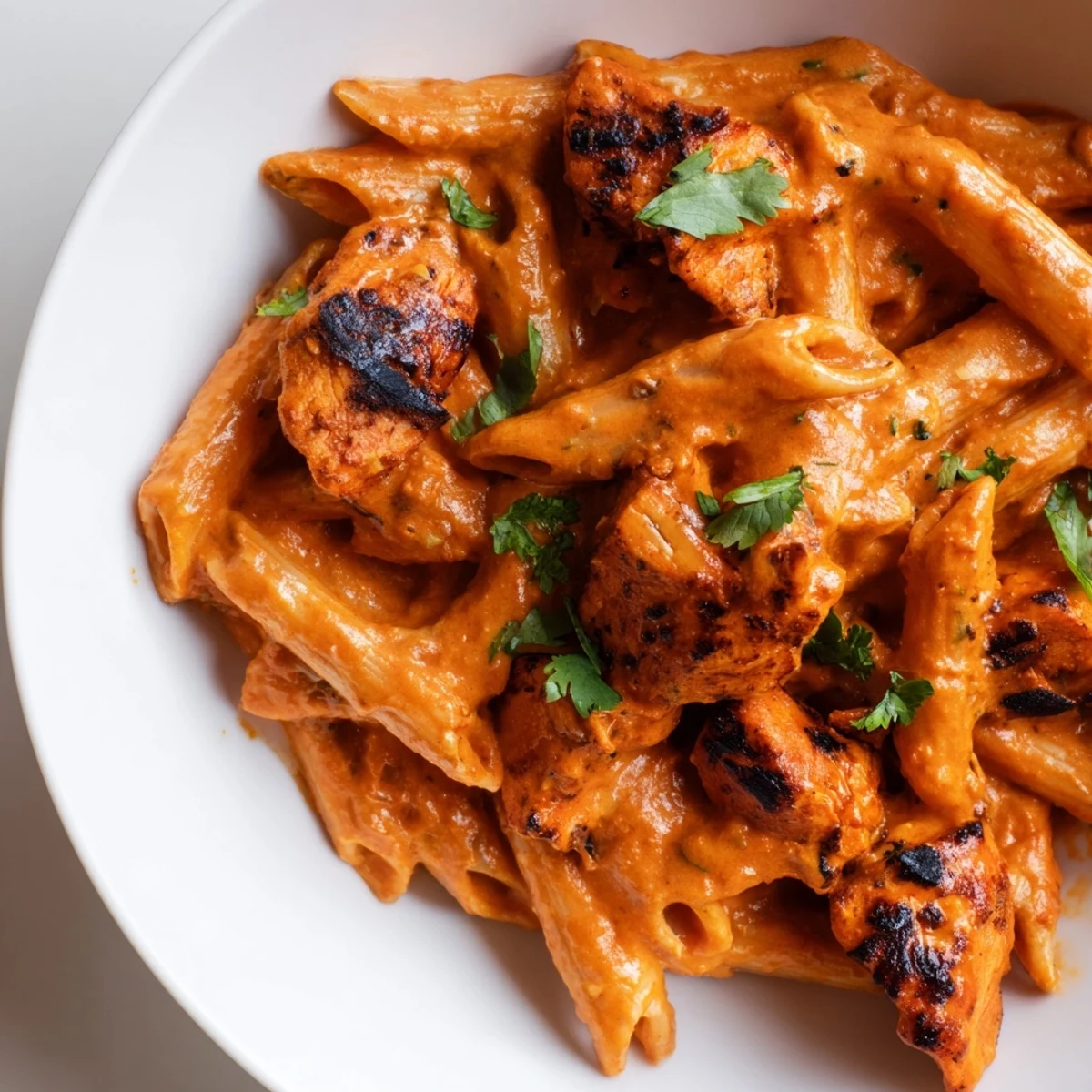 Colorful bowl of Chicken Tikka Pasta with al dente penne, juicy chicken tikka, and a vibrant creamy tomato base.