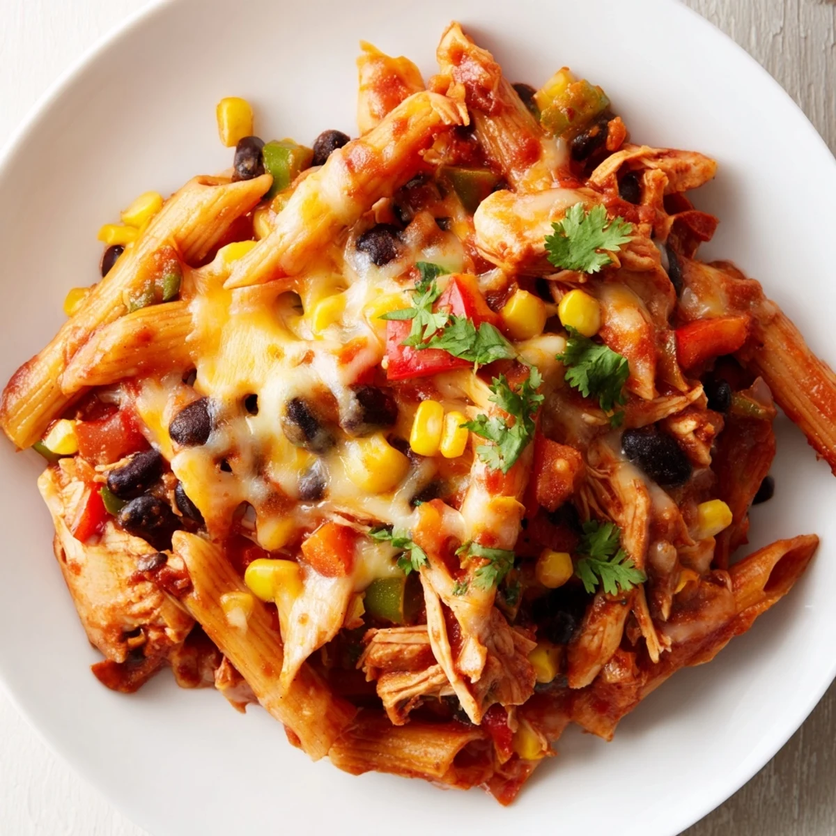 Steam rises from a skillet of Chicken Enchilada Pasta, revealing gooey melted cheese, tender shredded chicken, and diced bell peppers.