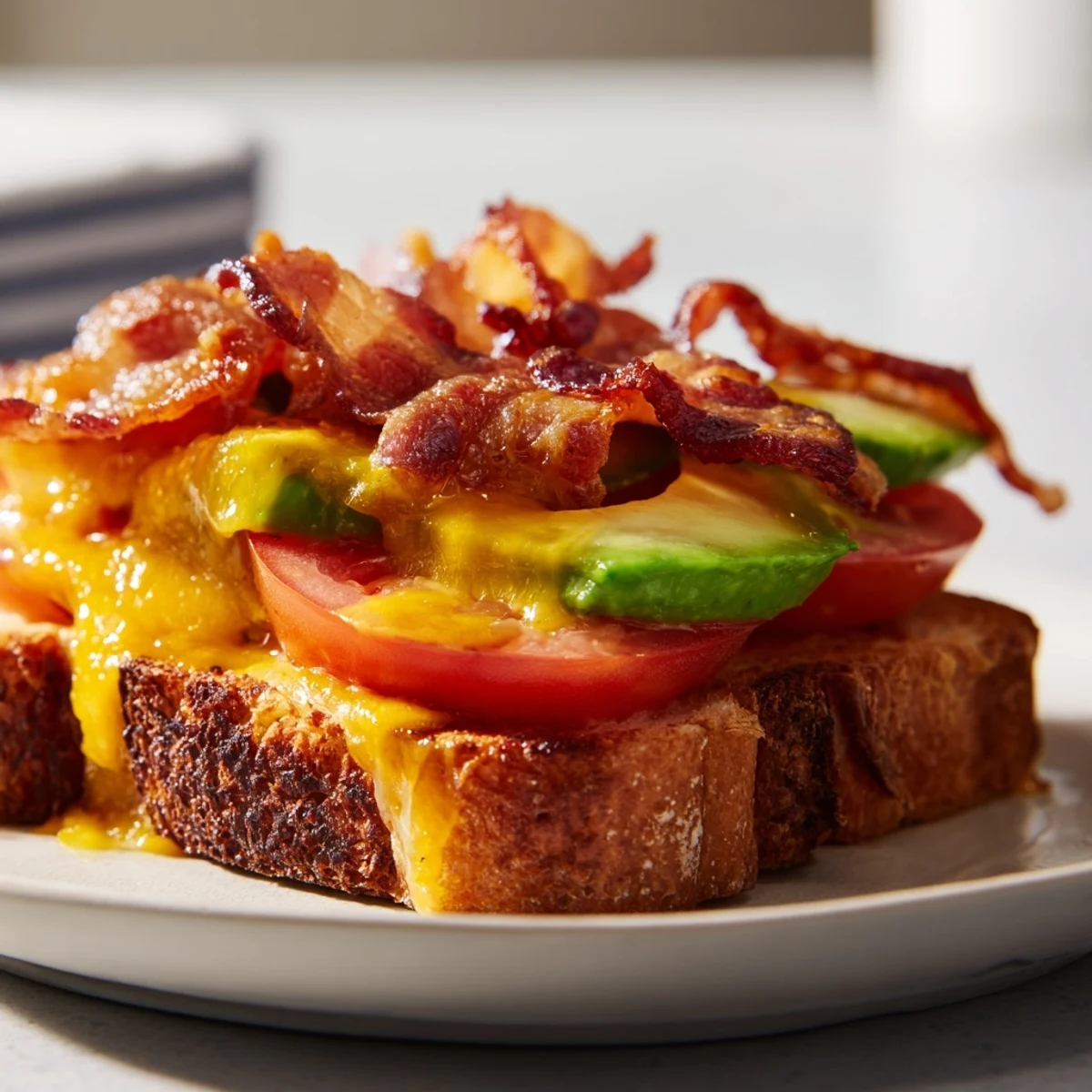Golden-buttery sourdough slices are stuffed with crispy bacon, ripe avocado, lettuce, tomato, and melted cheddar for a decadent Avocado BLT Grilled Cheese.