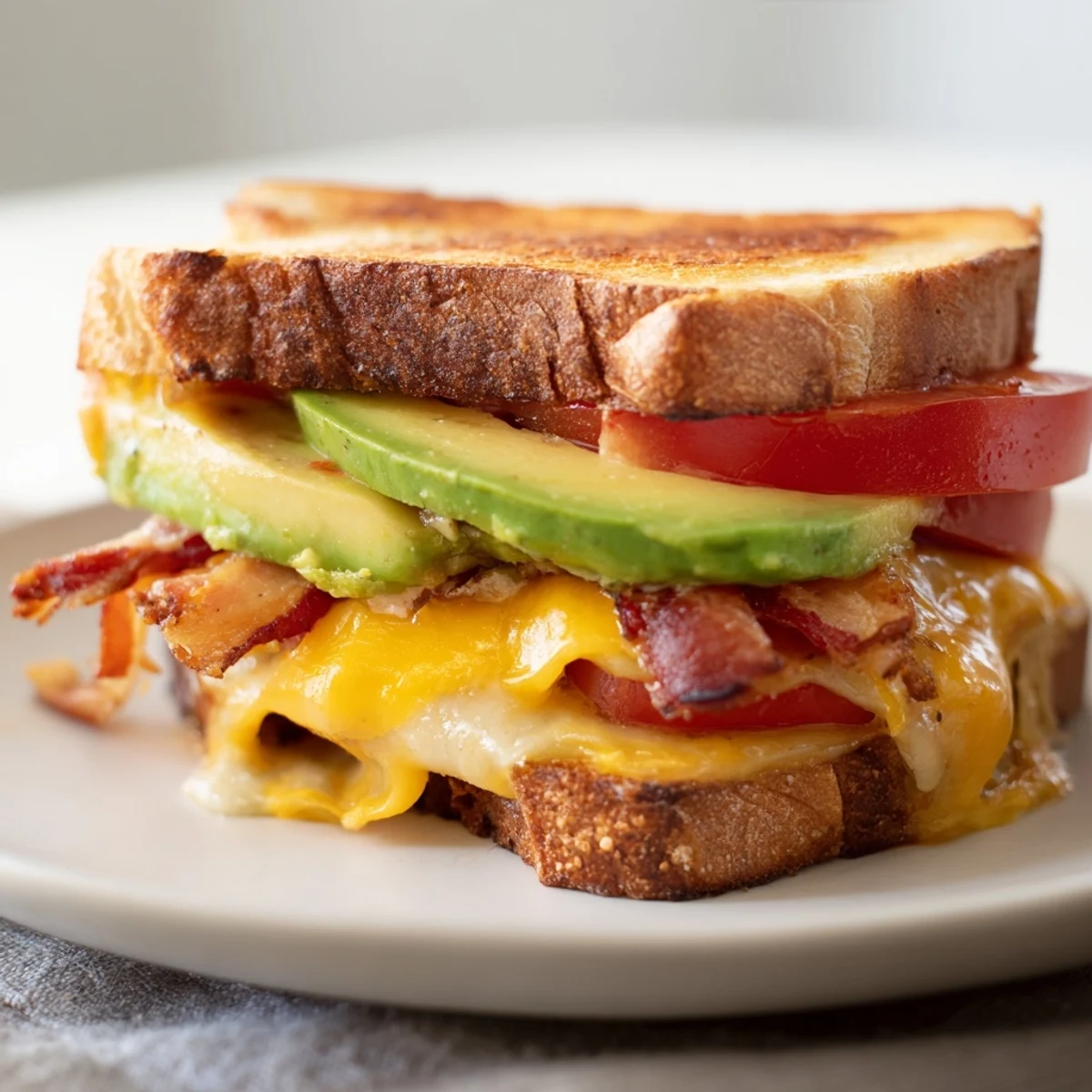 A close-up shows a warm Avocado BLT Grilled Cheese cut in half, revealing gooey melted cheese, juicy tomato, and creamy avocado layers.