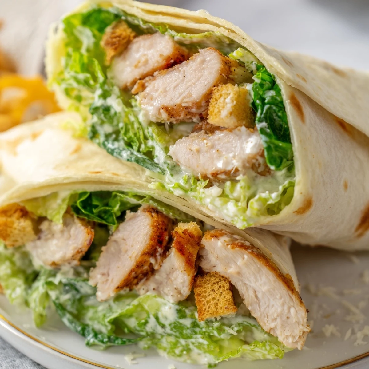 Fresh Caesar Chicken Salad Wrap with crisp croutons and grated parmesan, perfect for a handheld lunch.