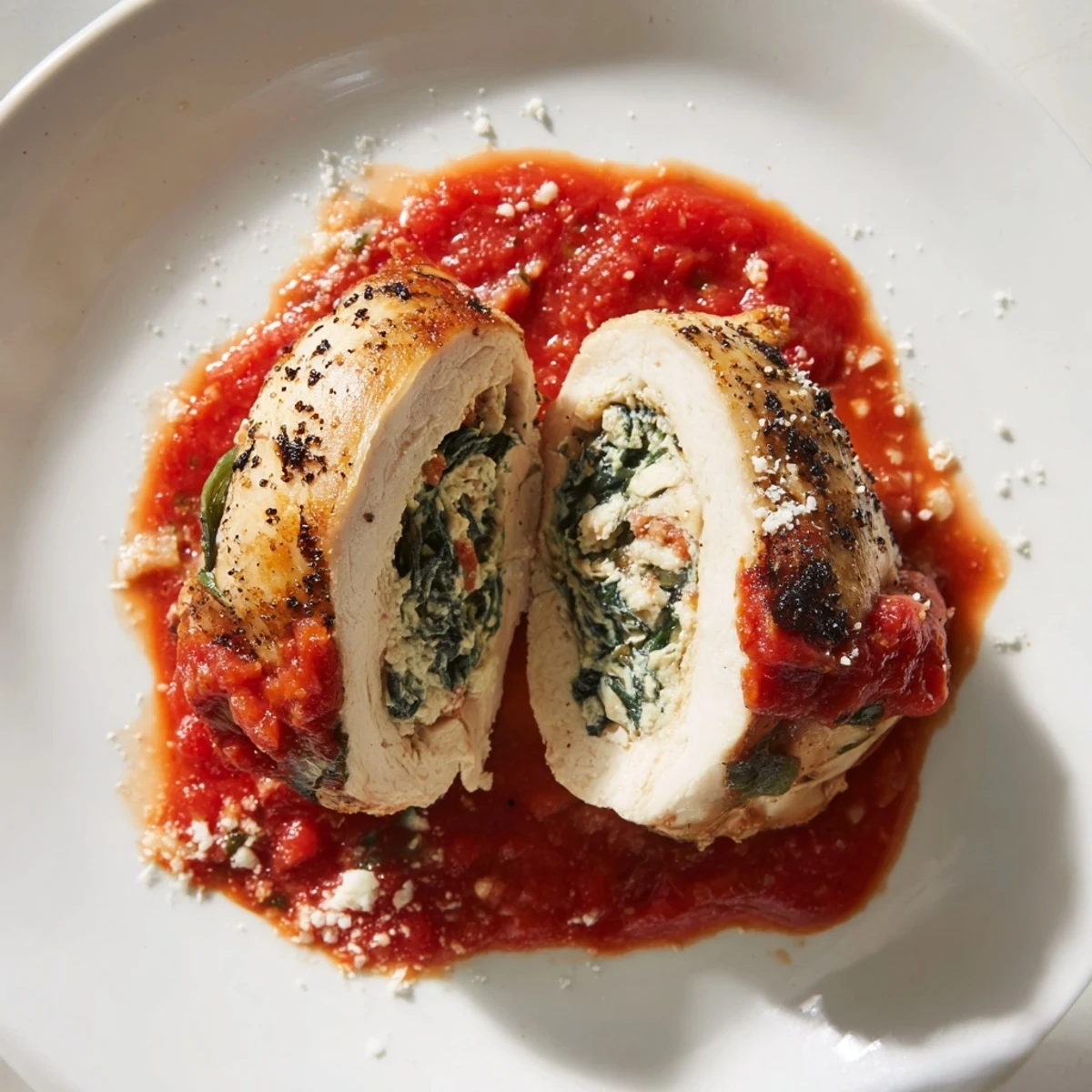 A skillet of Spinach Ricotta Stuffed Chicken straight from the oven, garnished with Parmesan, perfect with a side of crusty bread.