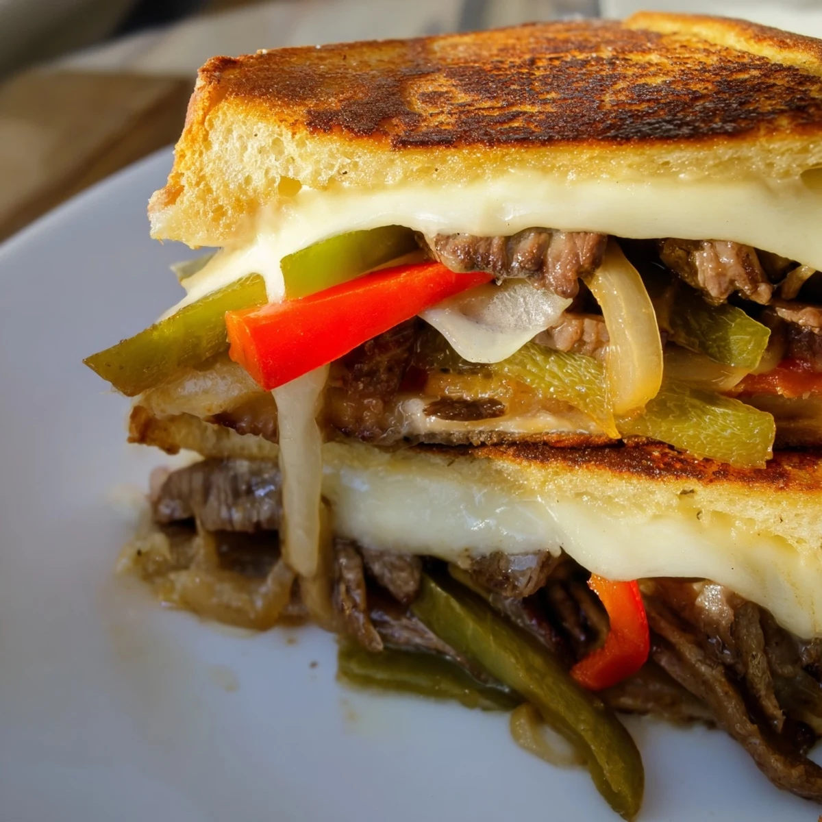 A freshly grilled Philly Cheesesteak Grilled Cheese rests on a wooden board, steam rising from the crispy bread and melted cheese filling.