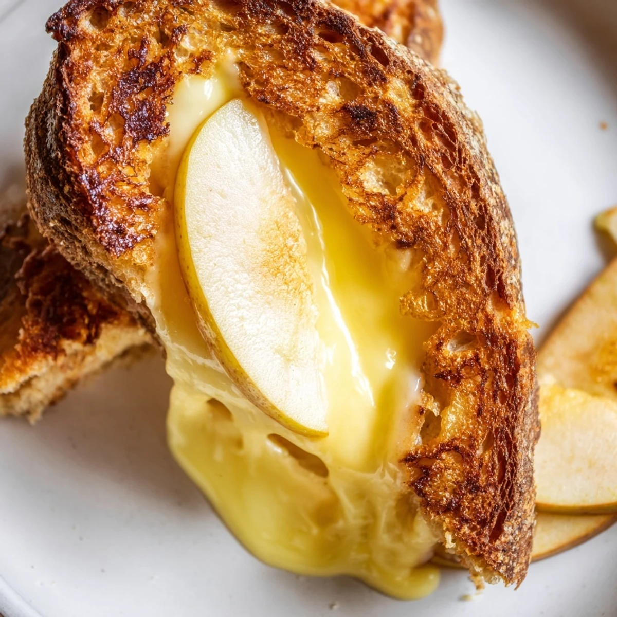 Golden-brown sourdough grilled cheese with melted smoked Gouda and crisp apple slices, served on a rustic plate.