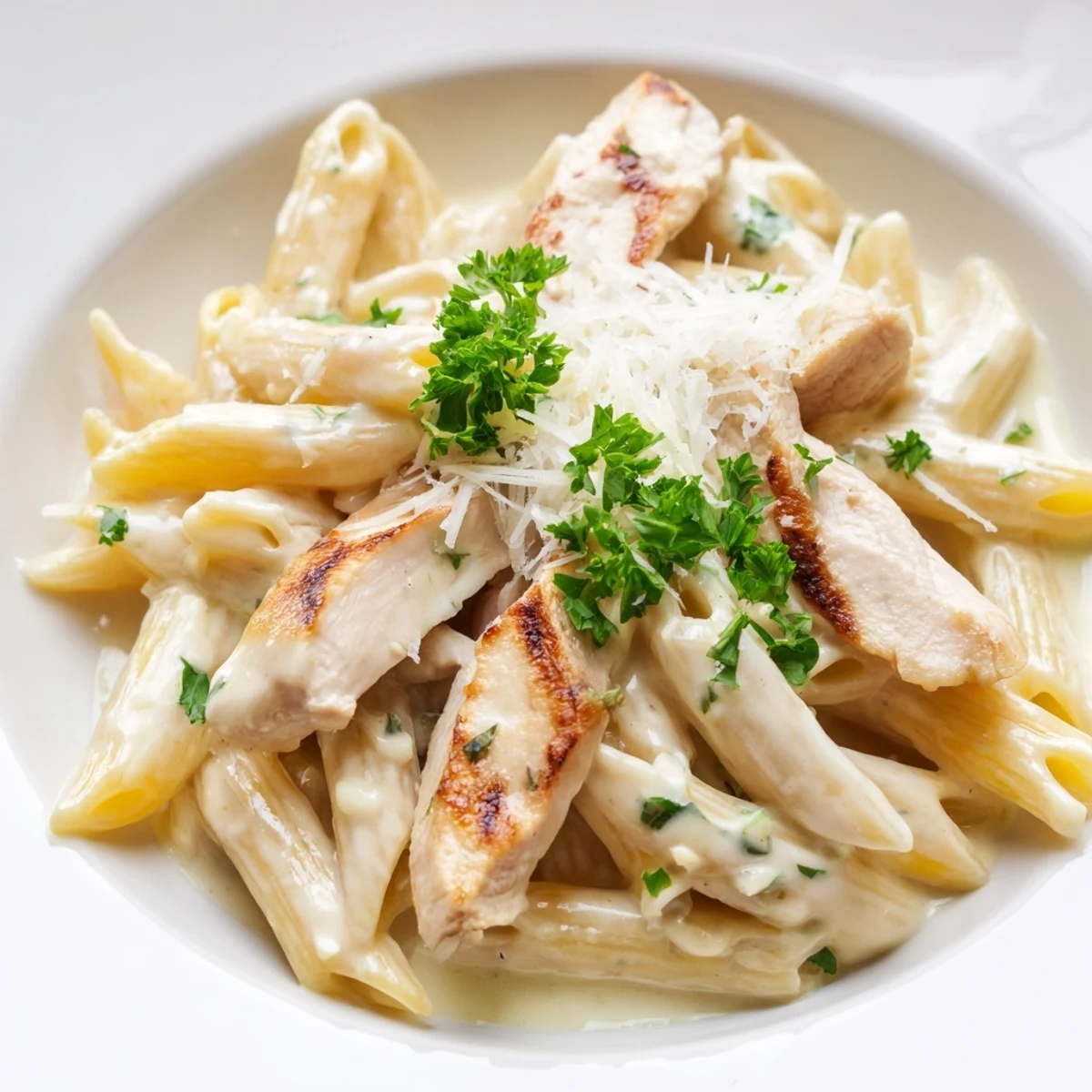 Close-up of golden Roasted Garlic Chicken Penne with tender chicken and creamy sauce, topped with fresh parsley.