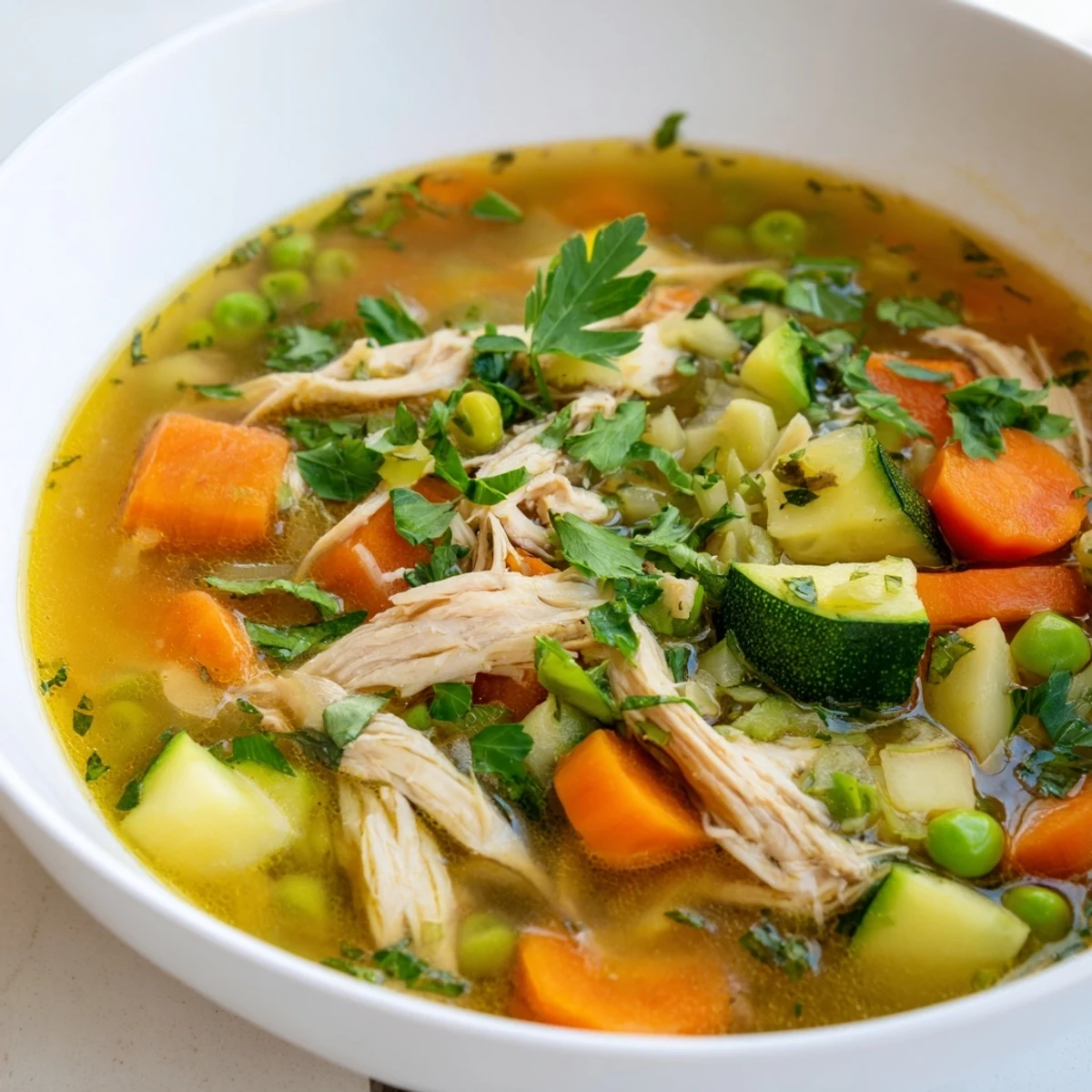 Spring Garden Chicken Soup features tender shredded chicken and vibrant peas in a light, aromatic broth.  