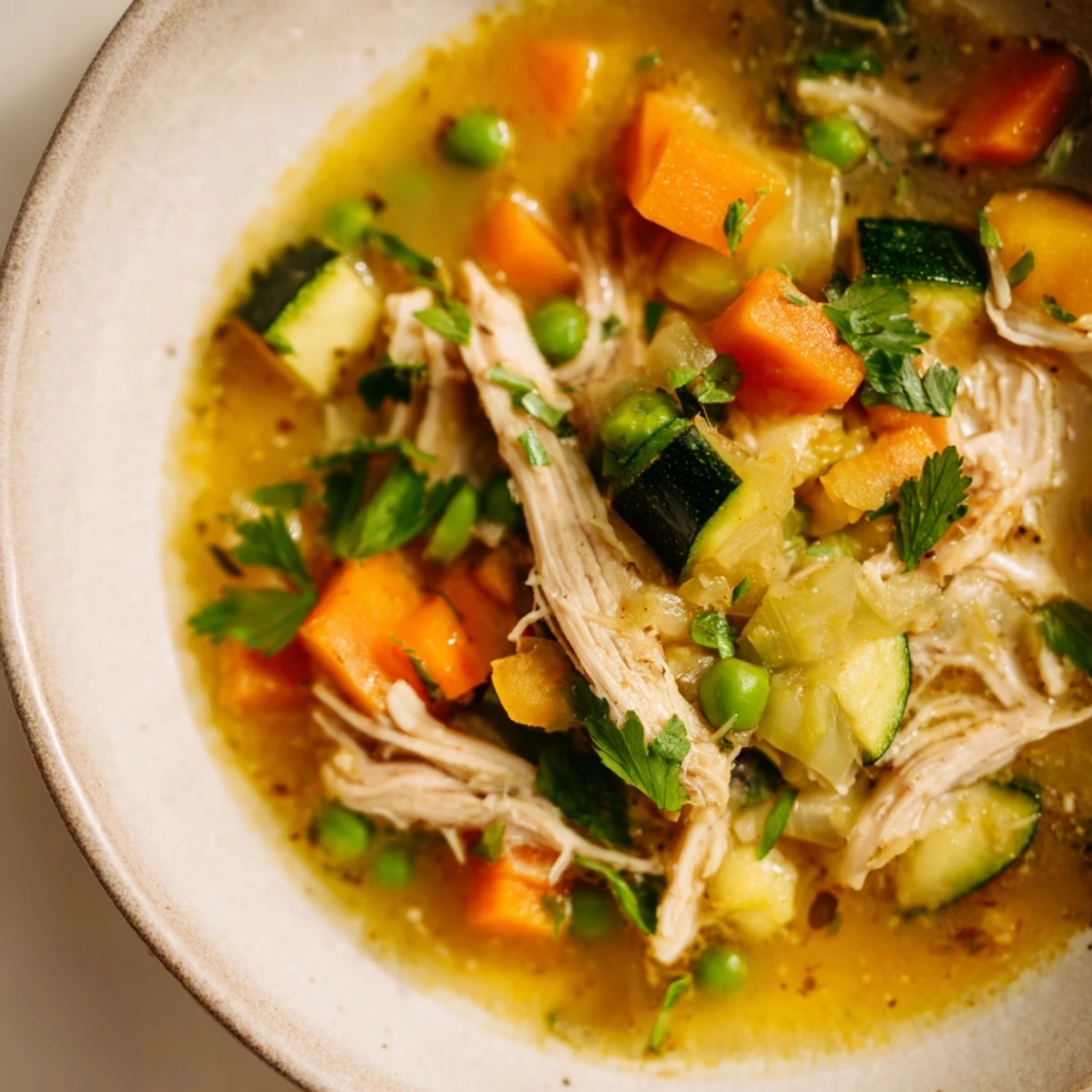 A close-up of Spring Garden Chicken Soup in a rustic bowl, garnished with fresh parsley and lemon zest.  
