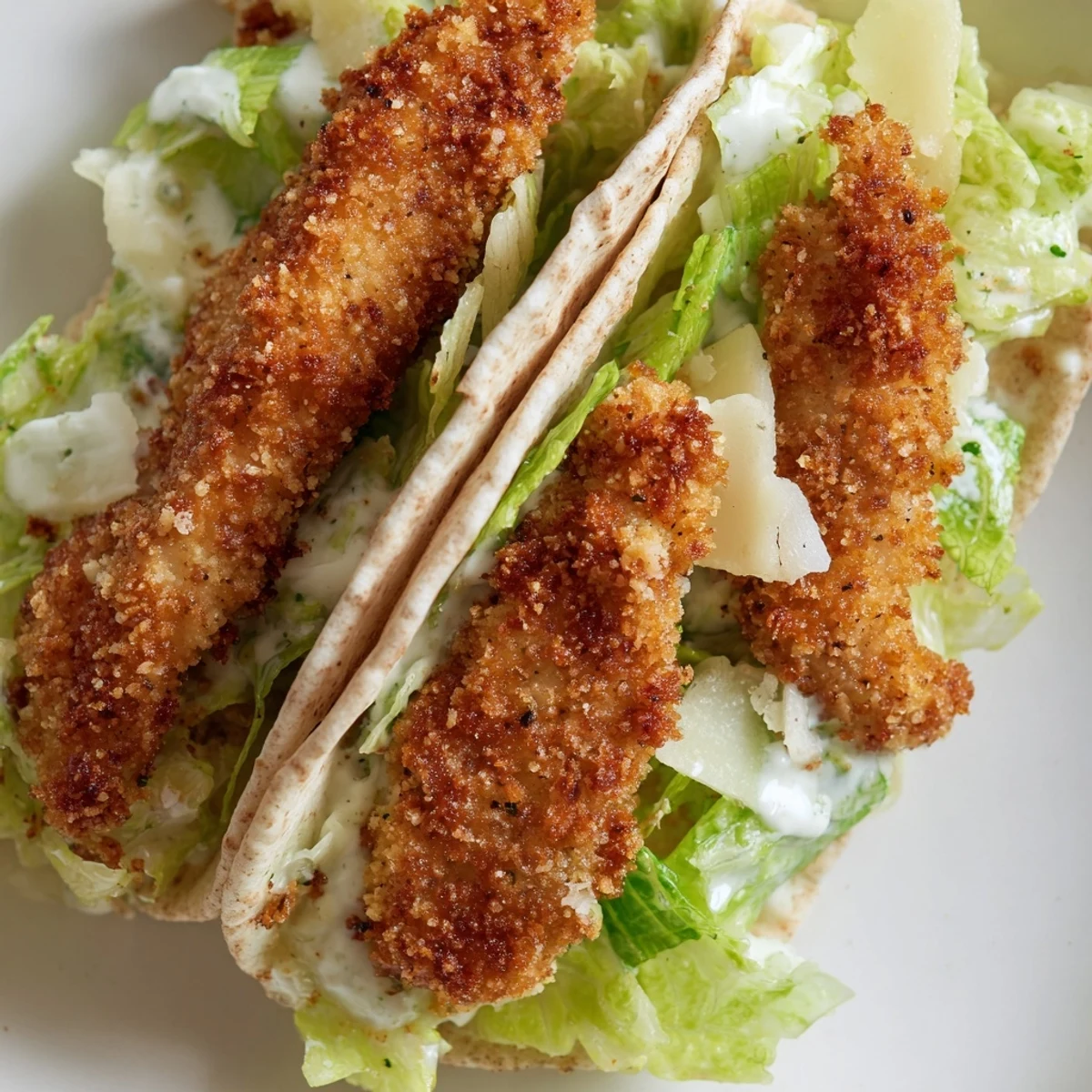Golden panko-crusted herbed chicken sliced and layered with creamy Caesar salad inside warm pita for a satisfying dinner.  