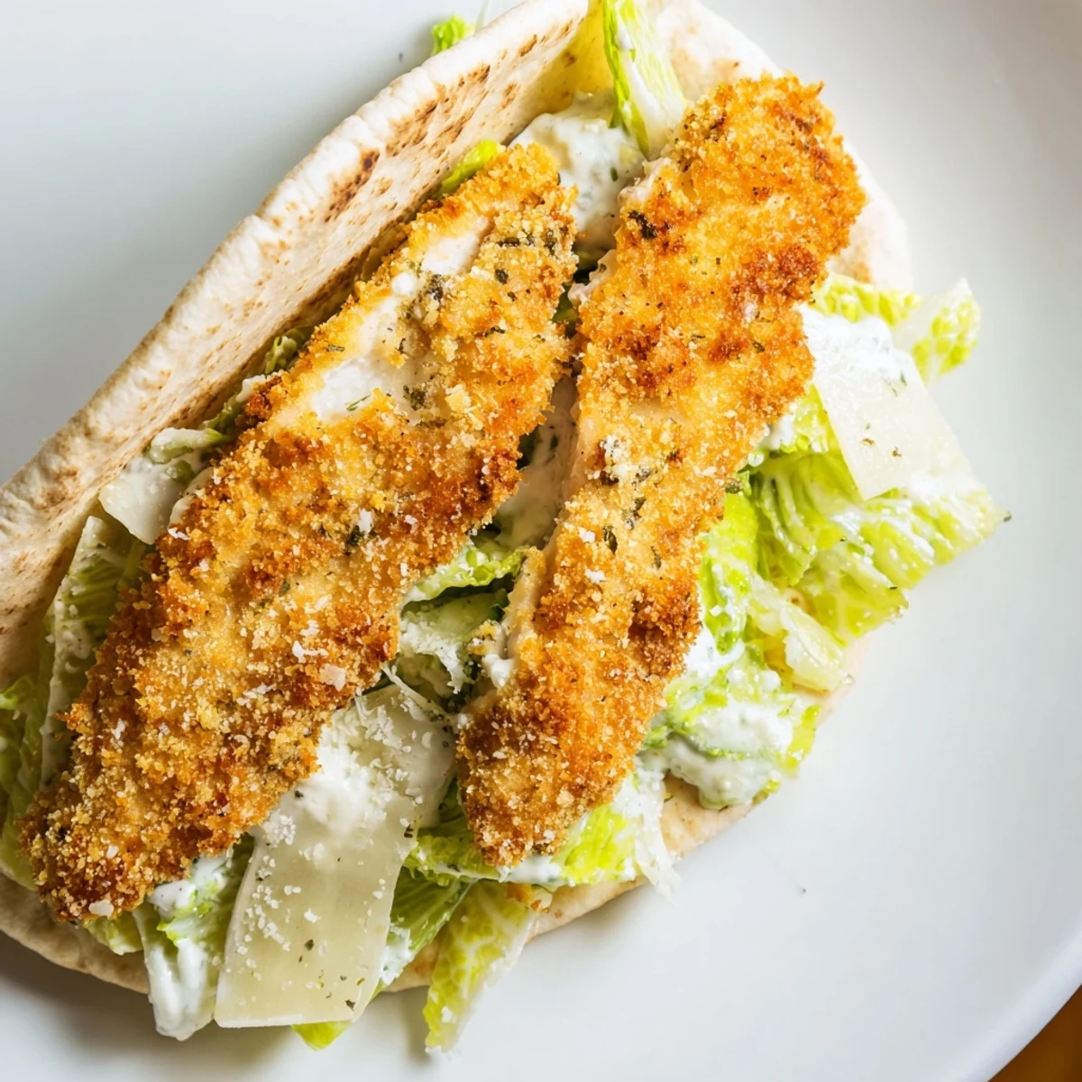 Warm pita pockets filled with crispy herbed chicken Caesar pitas, tossed salad, and lemon wedges on a rustic plate.