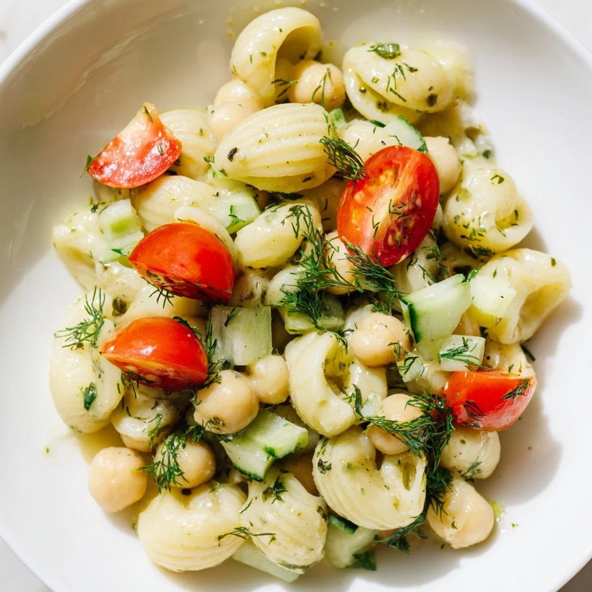 A vibrant bowl of Lemon Herb Chickpea Pasta Salad with crisp cucumbers, cherry tomatoes, and fresh dill garnish.