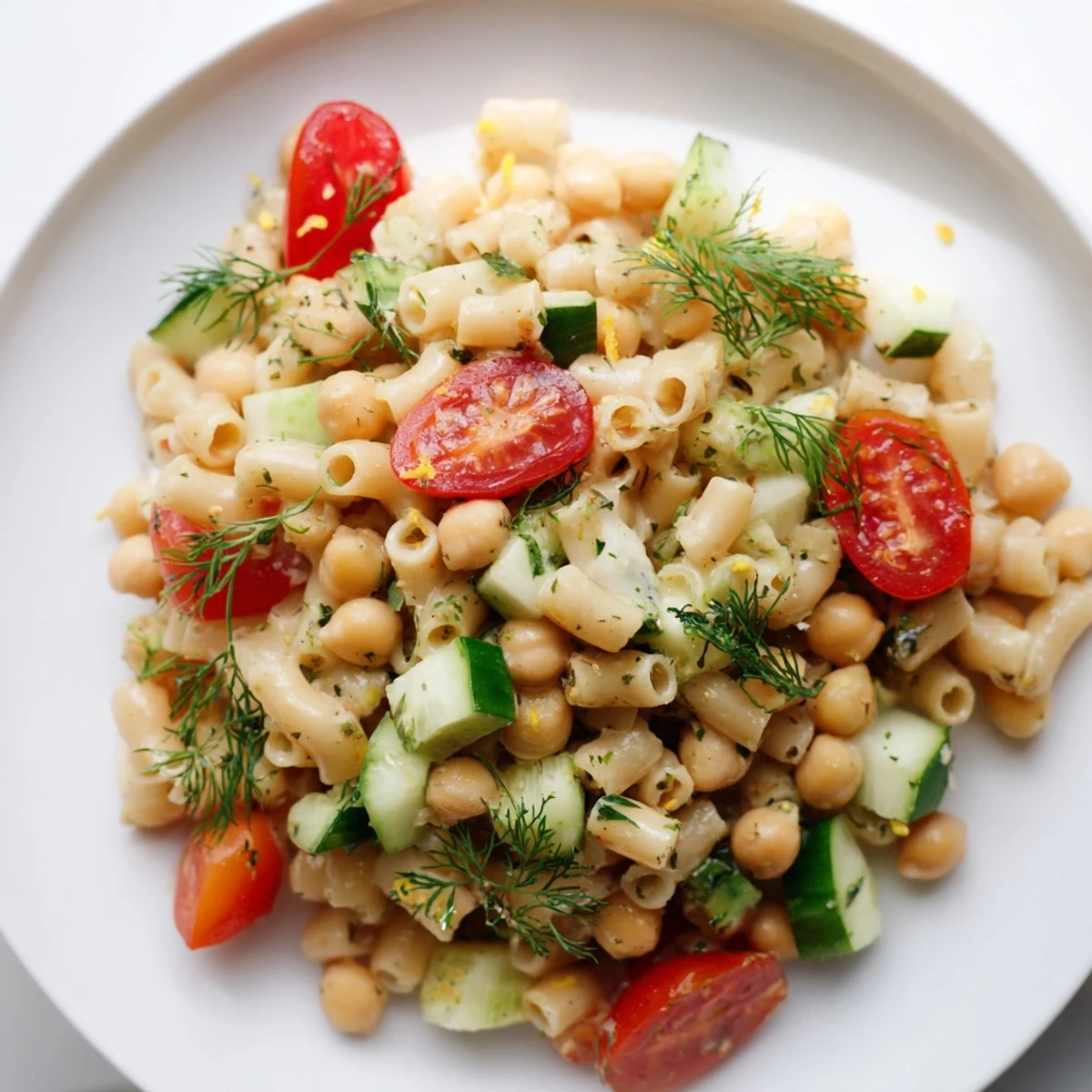 A refreshing, protein-packed Lemon Herb Chickpea Pasta Salad tossed with zesty lemon dressing and savory kalamata olives.