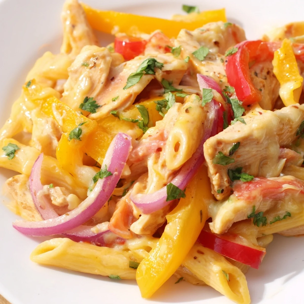 Served hot from the skillet, this Tex-Mex pasta dish is garnished with cilantro and lime wedges.