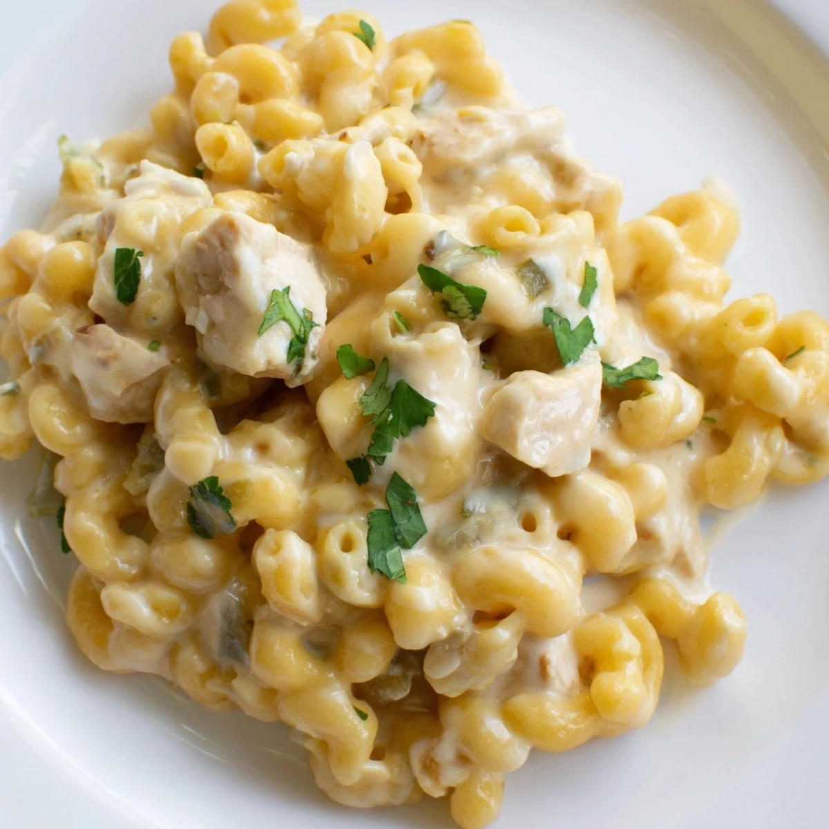 Close-up of Green Chili Chicken Mac with shredded chicken, sharp cheddar, and mild diced green chiles in a velvety, cheesy sauce.