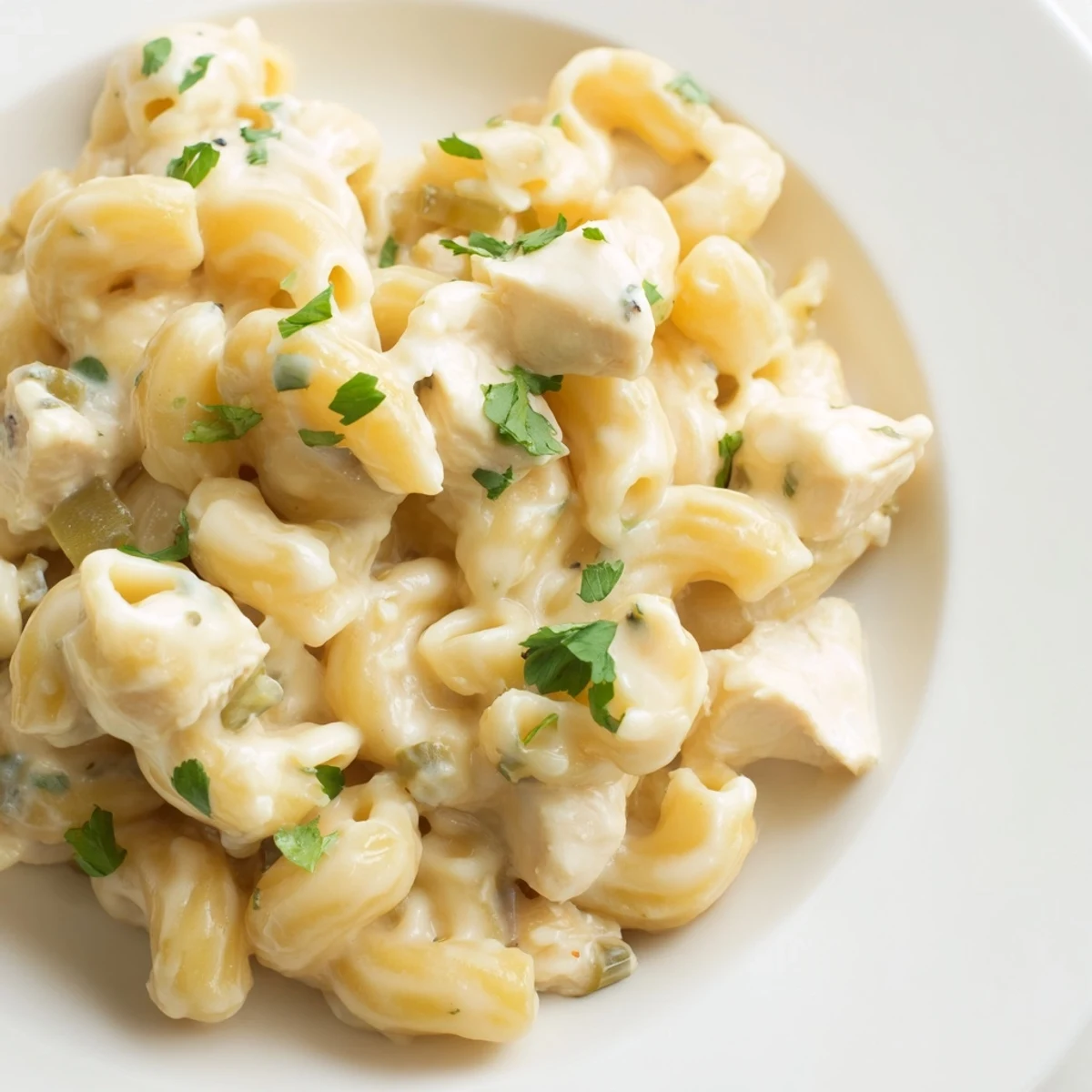 This cozy Green Chili Chicken Mac is served hot in a rustic cast-iron skillet, ready to enjoy with sliced jalapeños and a bright side salad.  