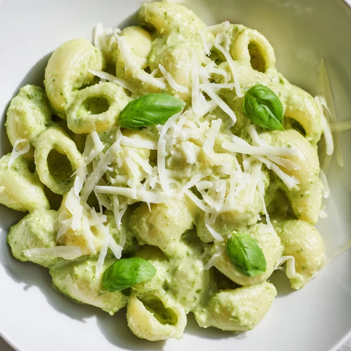 Creamy Avocado Pesto Mac in a white bowl garnished with fresh basil, Parmesan, and cracked black pepper.