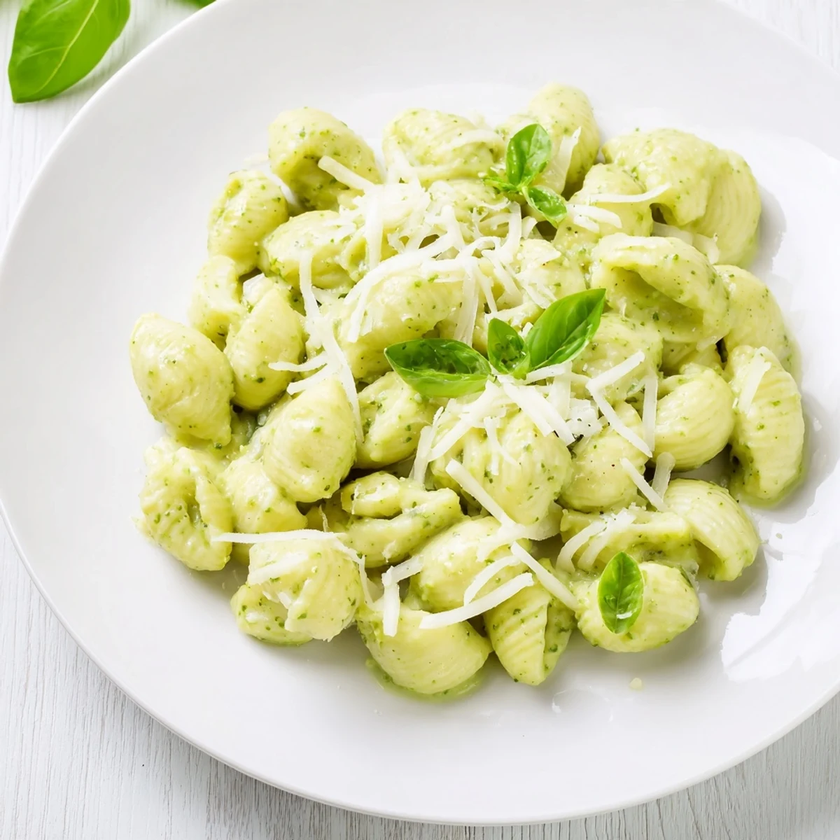 Serve Creamy Avocado Pesto Mac warm, topped with grated Parmesan, alongside a glass of white wine for a complete meal.