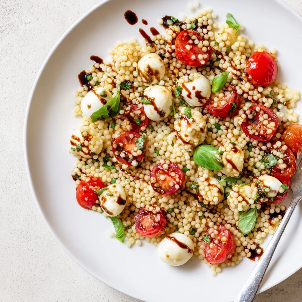 A vibrant Caprese Couscous Salad with juicy cherry tomatoes, creamy mozzarella pearls, and fresh basil on a bed of fluffy pearled couscous, drizzled with balsamic glaze. 