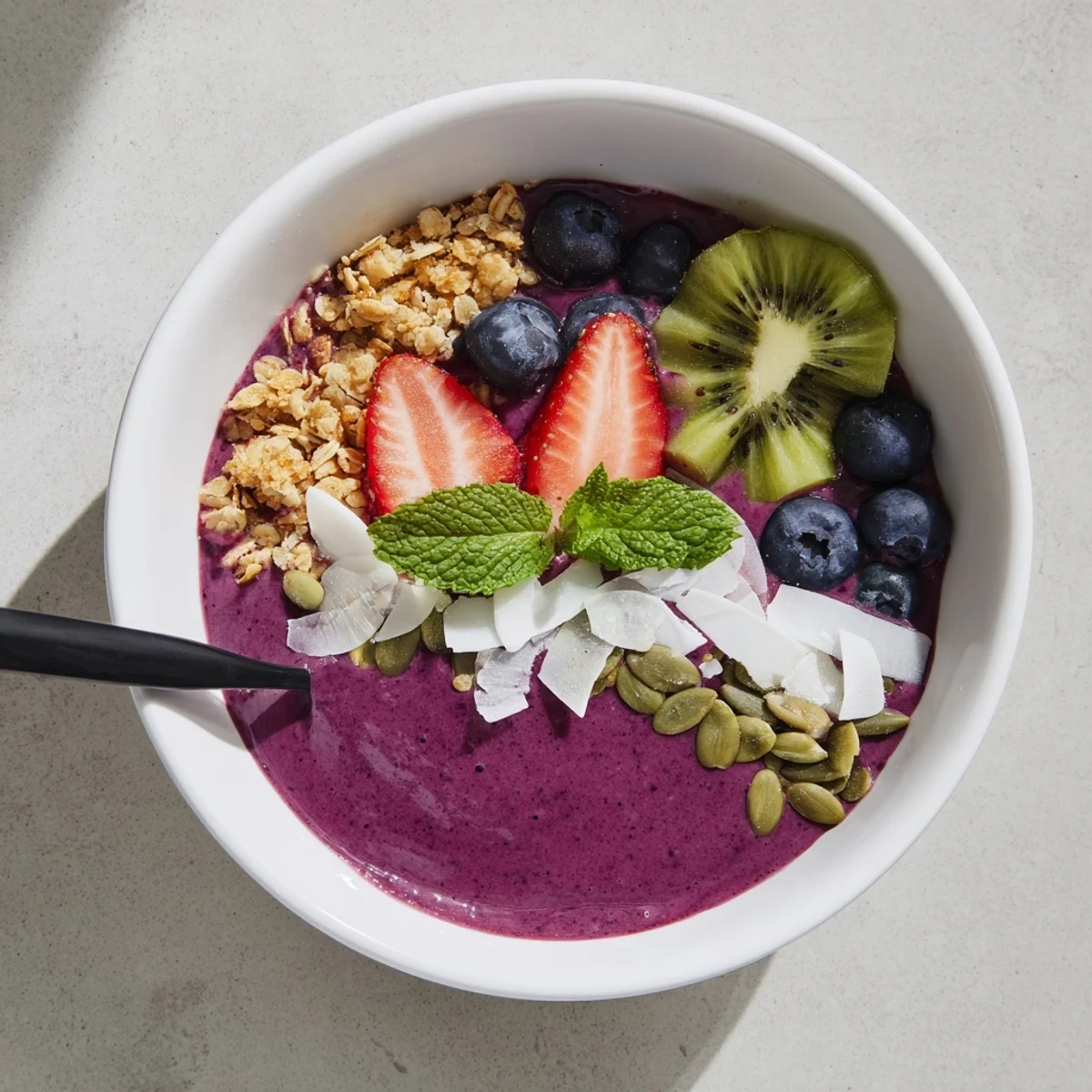 Thick, creamy Beet and Berry Smoothie Bowl in a white bowl, garnished with mint and bright fresh fruit slices.