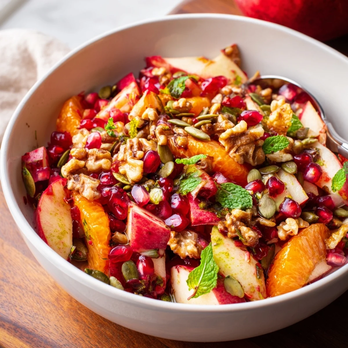A vibrant bowl of Pomegranate and Walnut Salad with jewel-like seeds and crunchy nut halves.