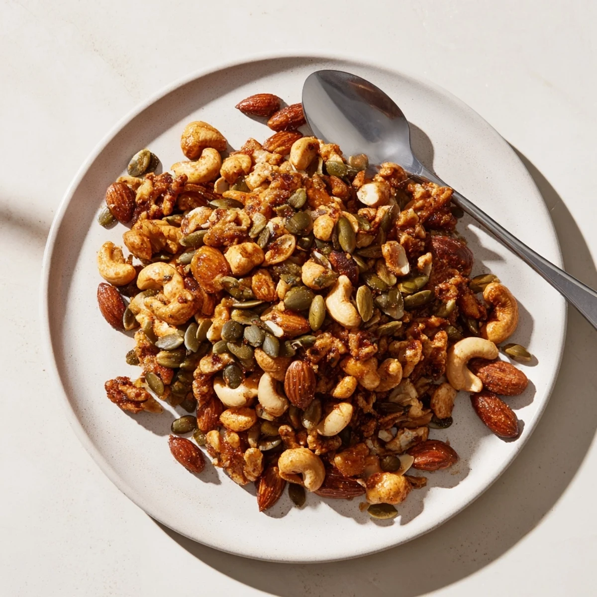 Savory Spiced Nuts and Seeds Mix tossed with pumpkin and sunflower seeds, glistening with olive oil and maple syrup.