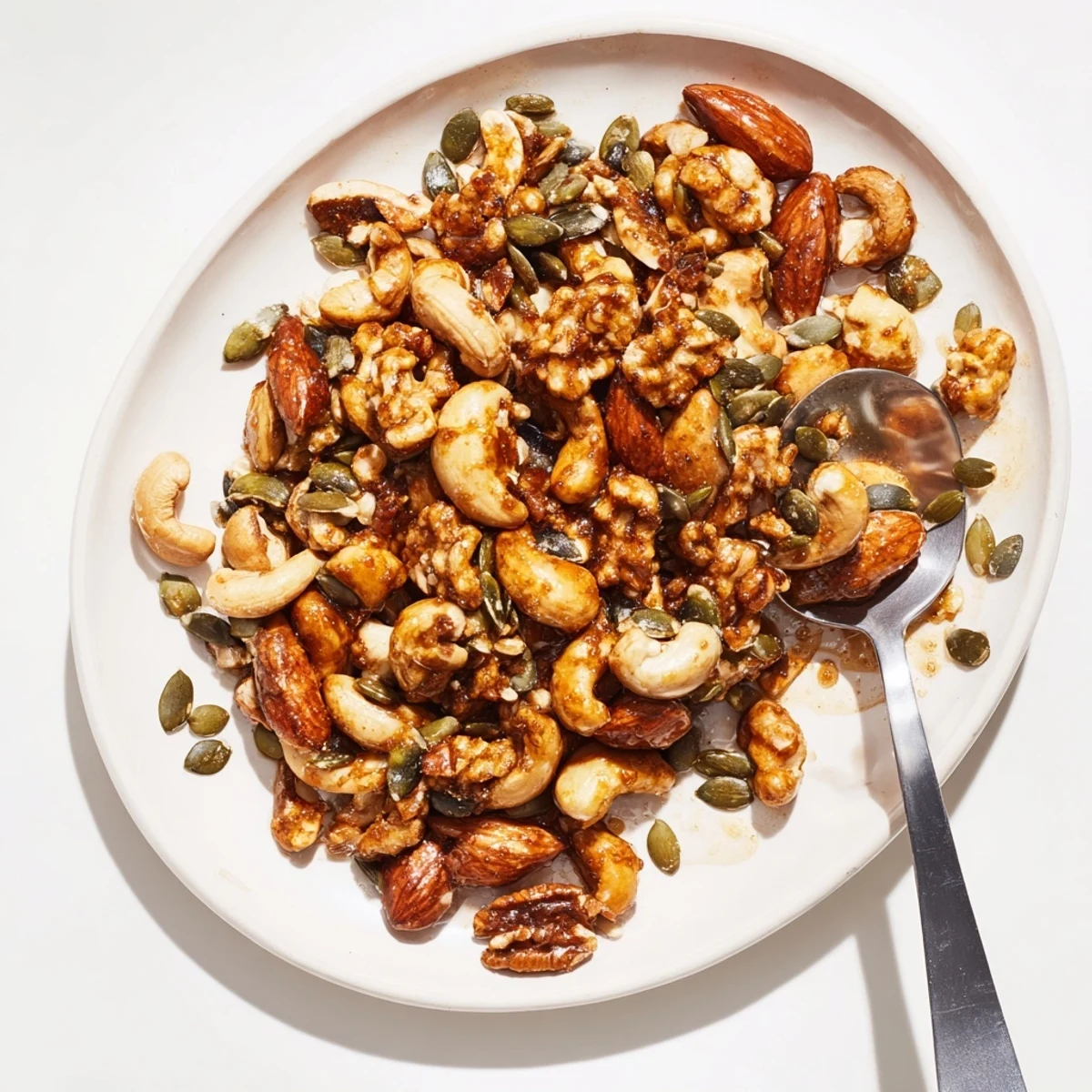 Freshly baked Spiced Nuts and Seeds Mix cooling on parchment, ready to snack on or top a garden salad.
