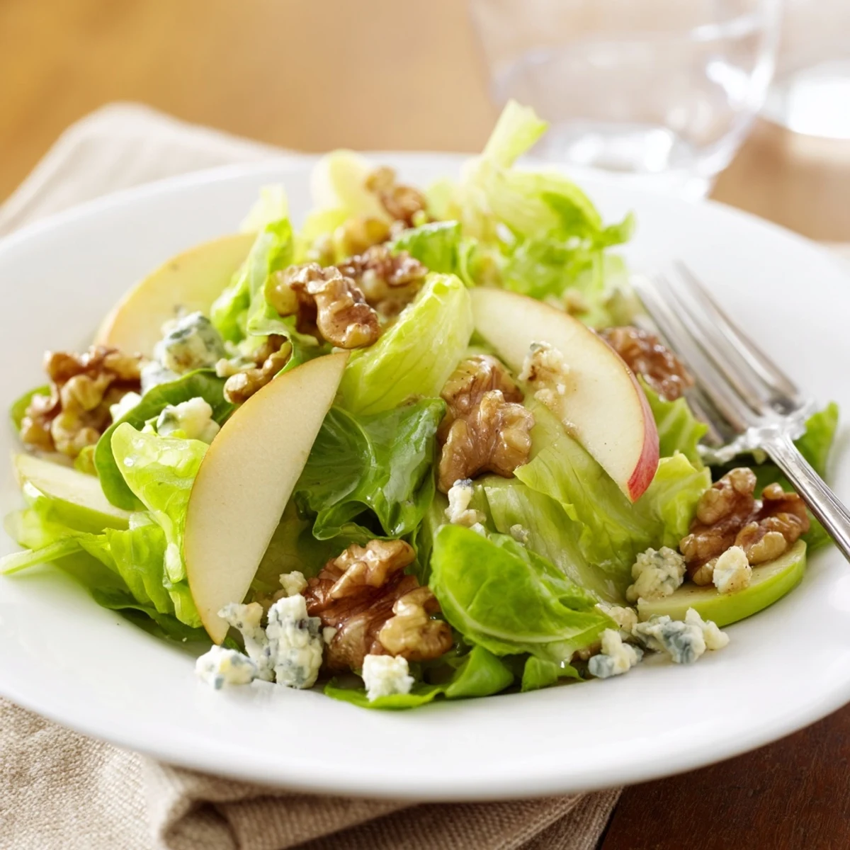Apple and Walnut Salad topped with crumbled blue cheese and celery, served ready to eat on a rustic plate.