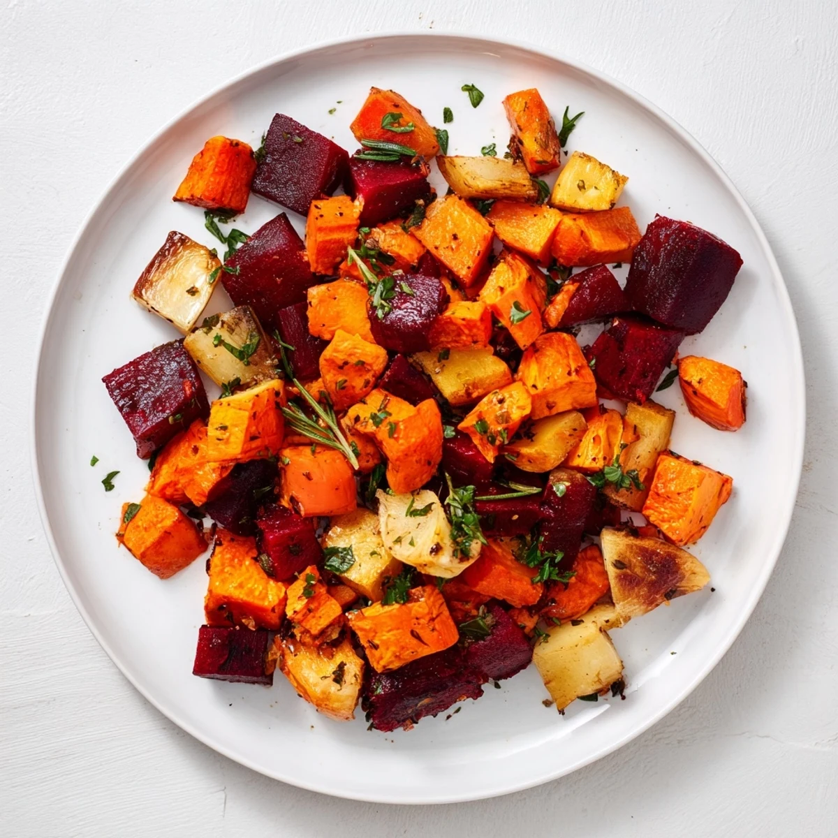 Golden-brown roasted root vegetable medley with caramelized edges on a rustic wooden table, garnished with fresh parsley.