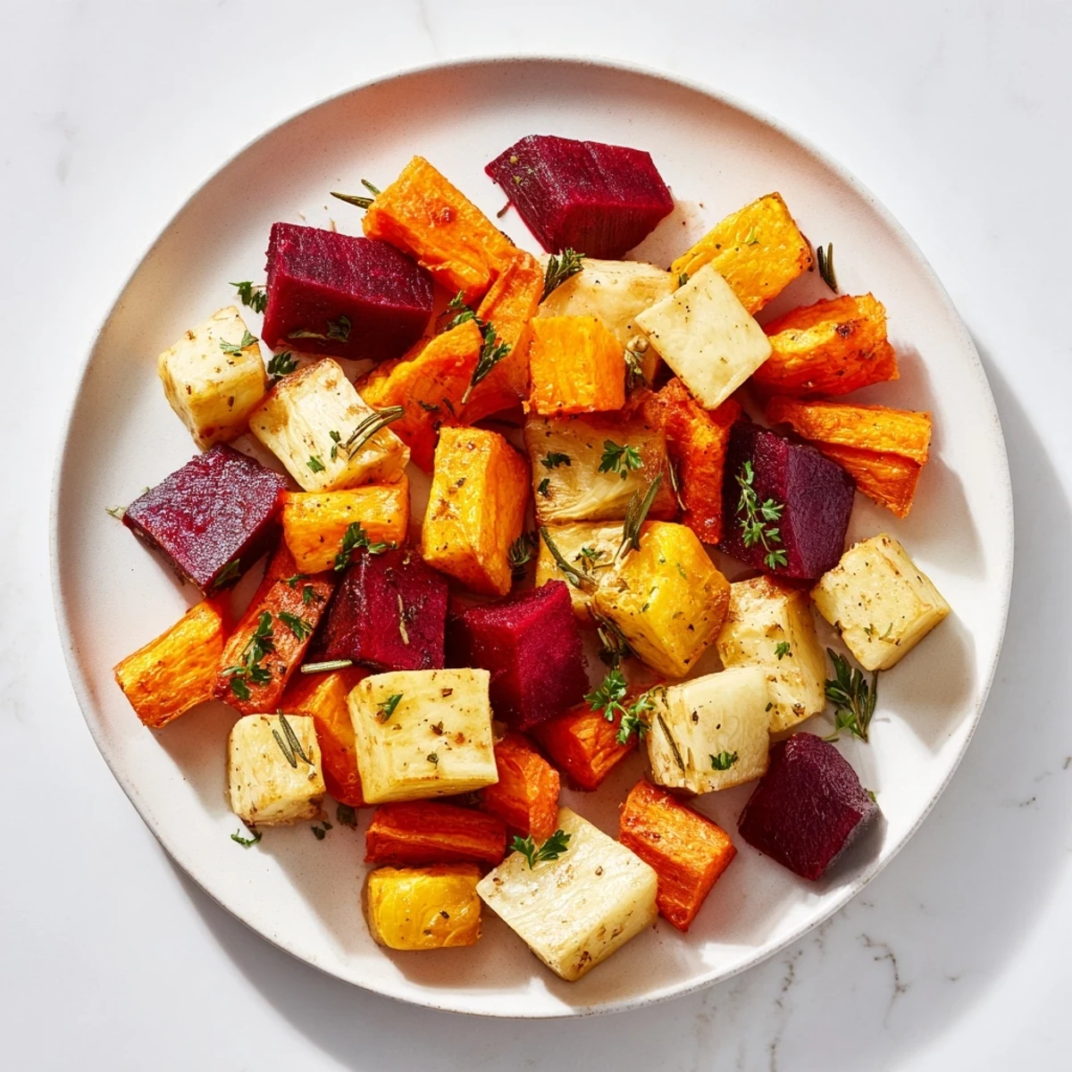 Warm roasted root vegetable medley served alongside a slice of crusty bread on a bright kitchen counter.