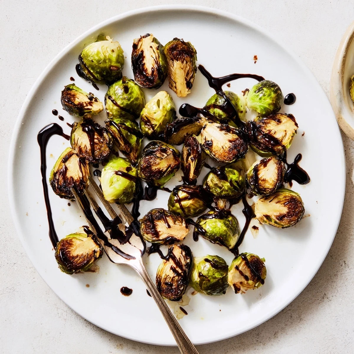 Caramelized Roasted Brussels Sprouts with Balsamic glaze, served warm as a vegetarian side dish.