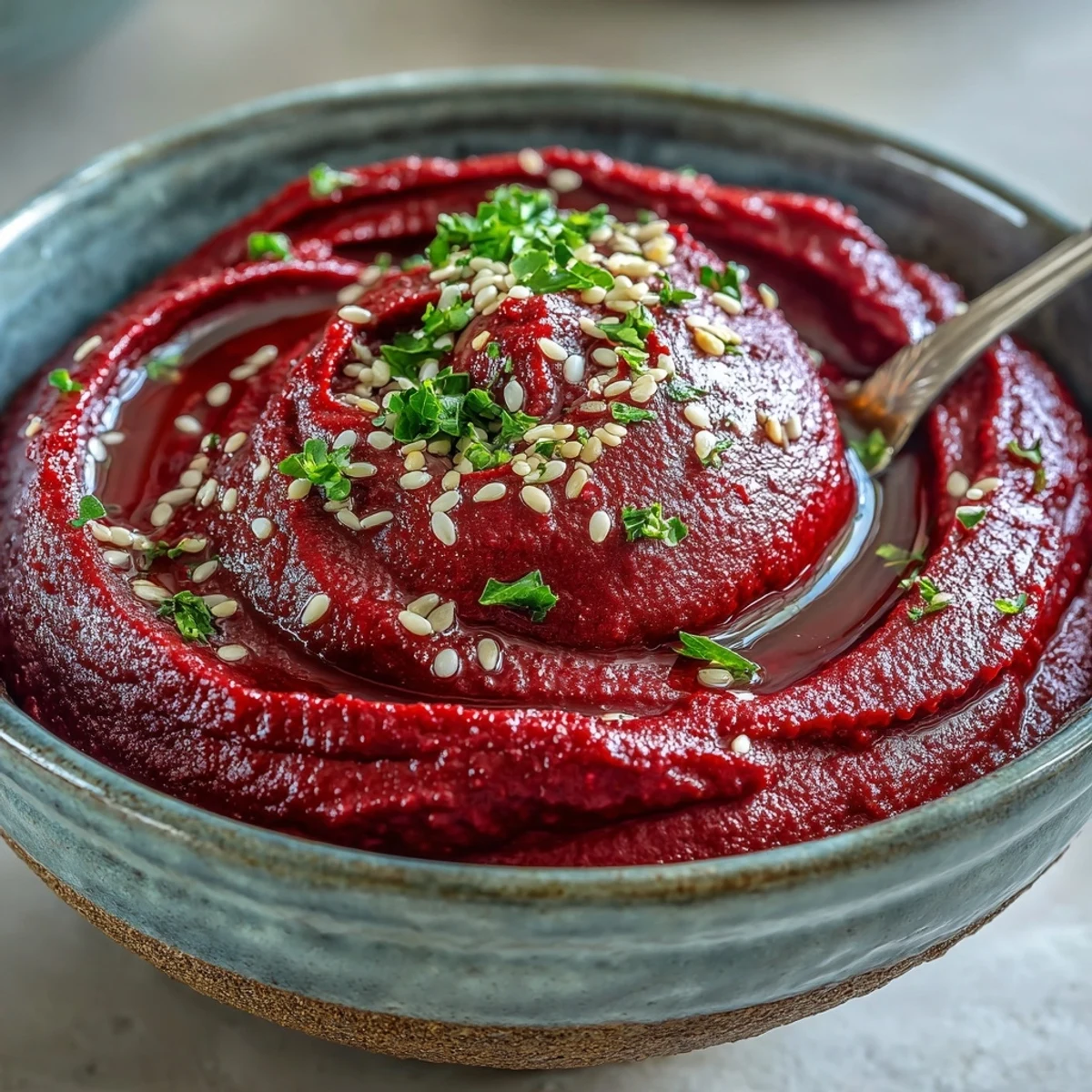 Vibrant Roasted Beet Hummus, creamy with tahini and bright lemon, ready for dipping.