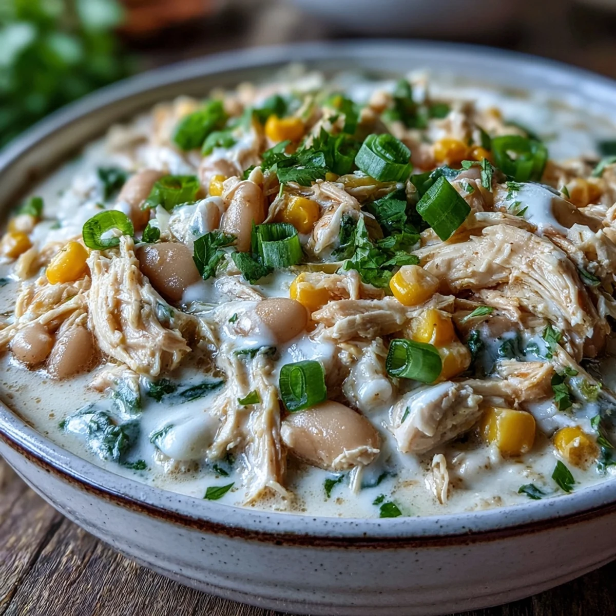 Comforting white chicken chili, perfect for a cozy evening meal with toppings.