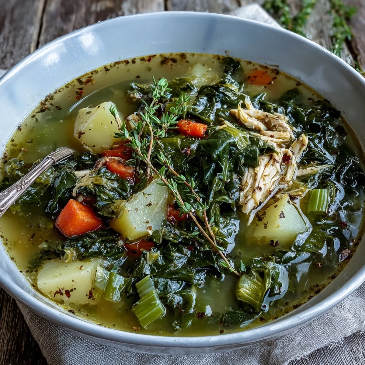 Wholesome Collard Greens Chicken Vegetable Soup, perfect for a cozy evening meal or comforting lunch.