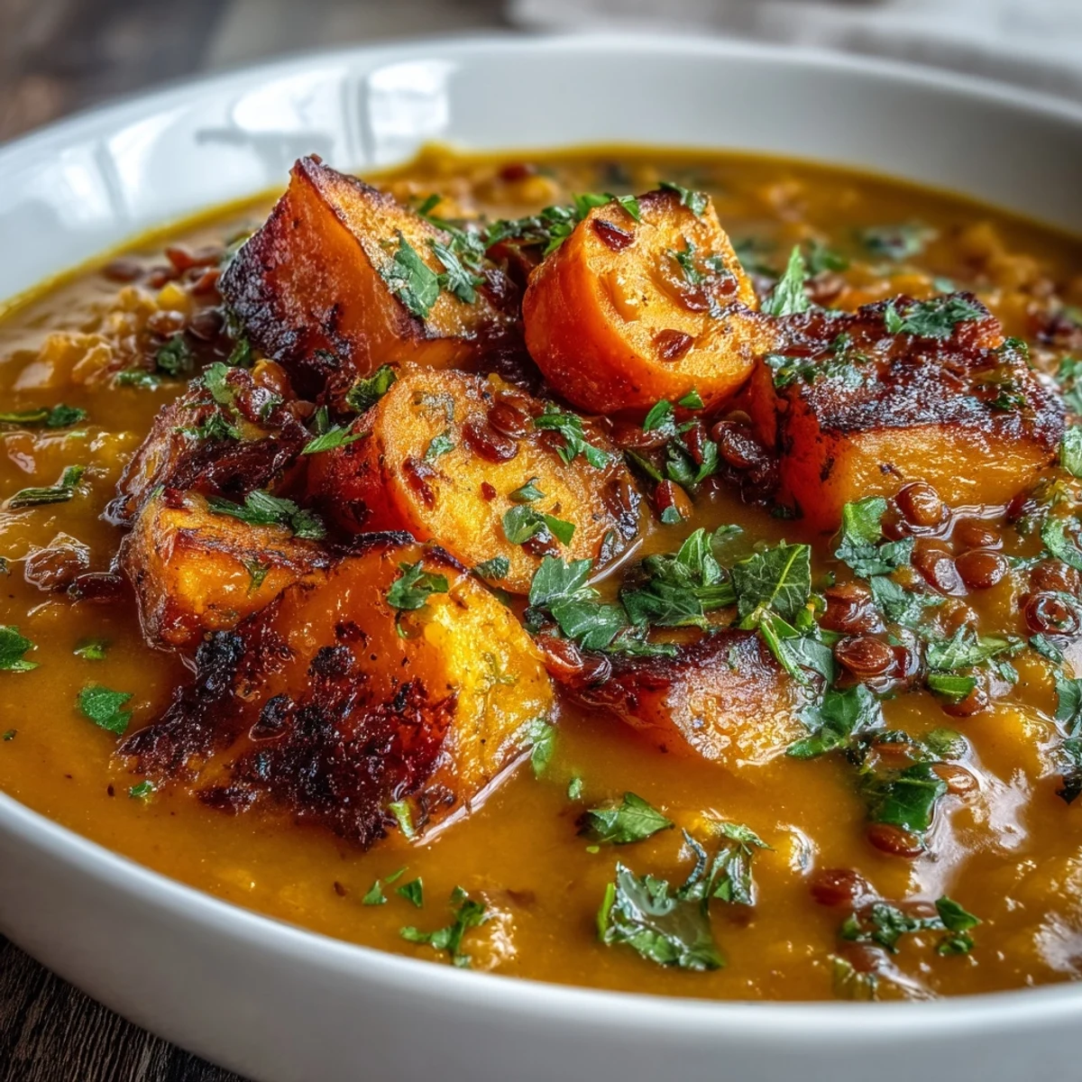 This hearty butternut squash and lentil soup is perfect for a cozy dinner.