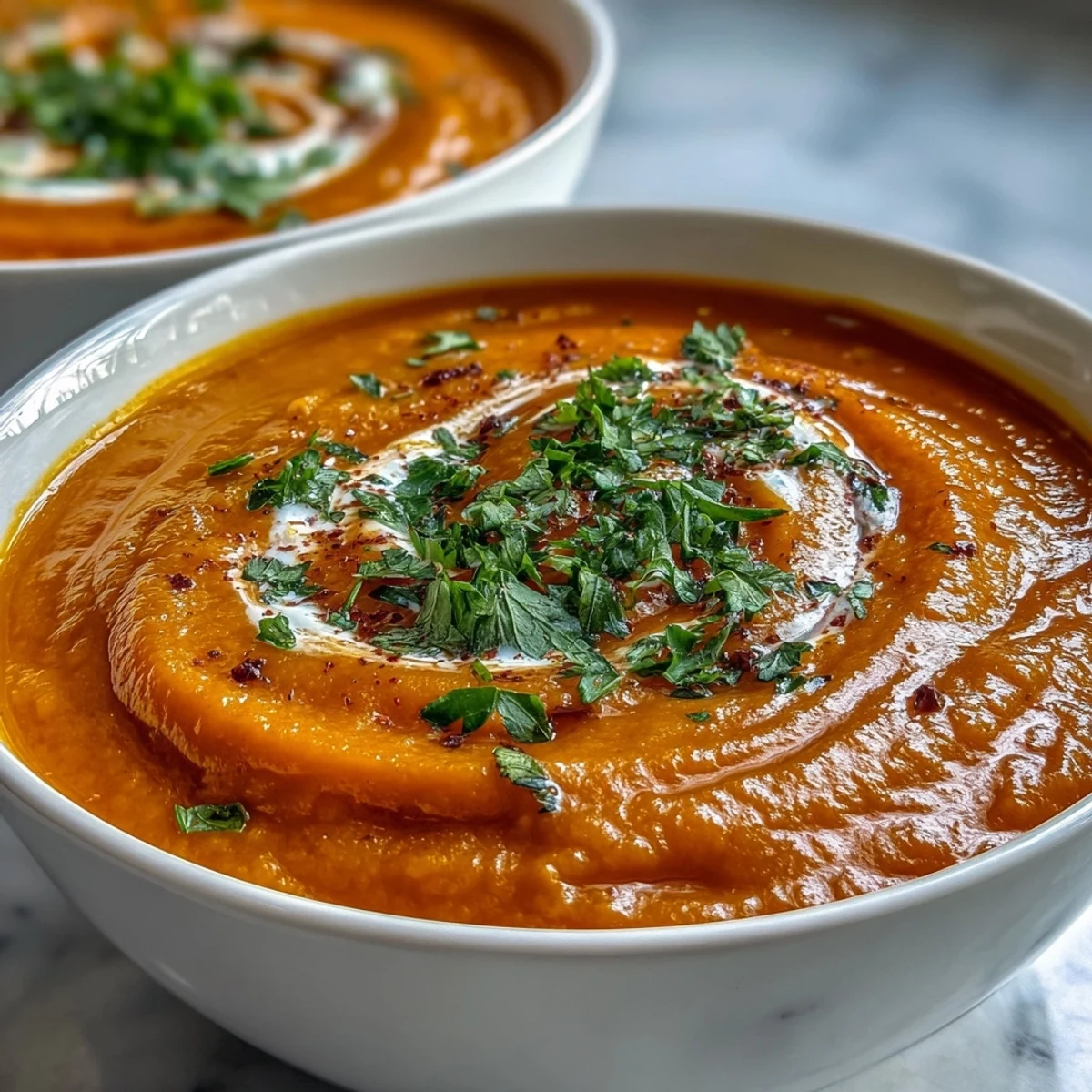 A bowl of creamy Carrot, Celeriac and Chilli Soup, garnished with fresh herbs and a swirl of coconut yogurt.