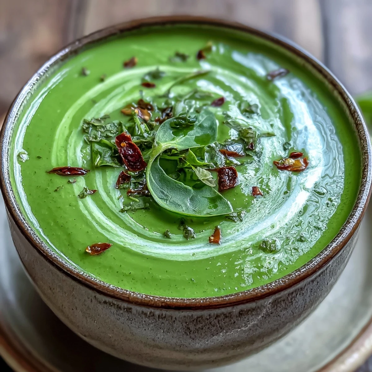 Creamy Spinach Coriander Lemongrass Soup simmering in a pot, garnished with fresh cilantro and red chili slices.