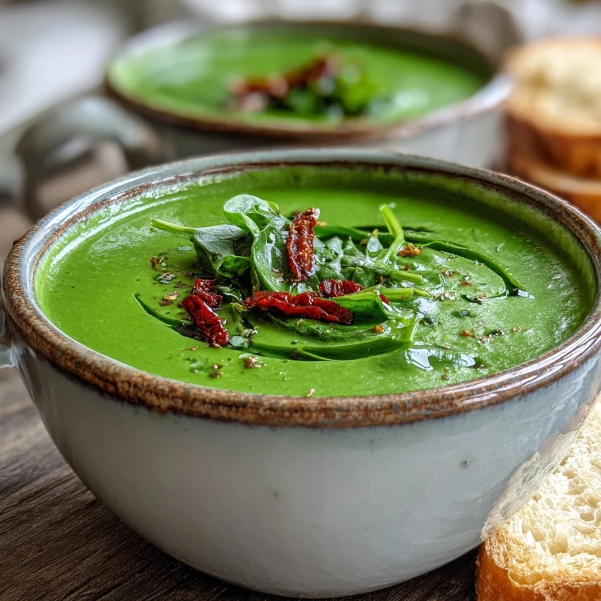 A bowl of vibrant green Spinach Coriander Lemongrass Soup with coconut milk, served beside crusty bread.