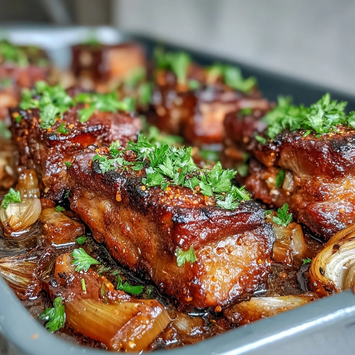 Roasted pork and rhubarb traybake is garnished with fresh green parsley and ready to serve on a rustic platter.