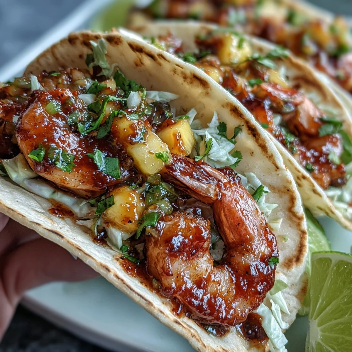 Freshly grilled Sriracha Shrimp Tacos with Mango Salsa are garnished with crunchy red cabbage and cilantro on a wooden table.